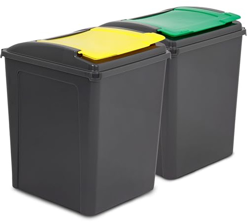 2x50L Poubelle 300L Noir-Jaune-Vert 2 Compartiments Système tri 50L Jaune