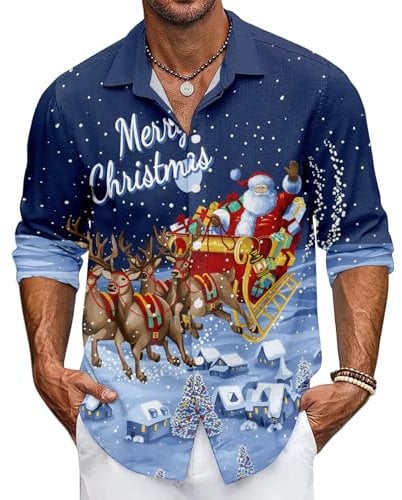Mens Christmas Shirt Xmas Holiday Party Dress Shirts Long Sleeve Snow Print Christmas Tree Shirt (UK, Alpha, XL, Regular, Regular, #5)