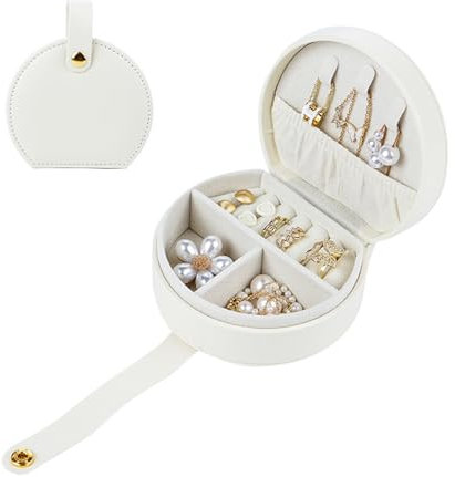 Schmuckkästchen Reise Schmuckaufbewahrung Klein, PU Leder Schmuckbox Damen Runde Schmucktasche Mit Tragegriff Schmuckschatulle, Schmuck Organizer Für Ringe Halskette Ohrringe Armbänder (Weiß)