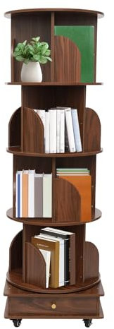 OUBUBY Massivholz Drehbares Bücherregal, 360-Grad-Display, 4 Ebenen 16 Fächer, Standregal Bodenstehendes Bücherregal,Multifunktionaler Bücherregal-Organizer für Kinder und Erwachsene (Nuss-braun)