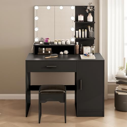 Schminktisch mit LED-Beleuchtung (3 Helligkeit Einstellbar), Spiegel, 1 Schubladen, 4 Offene Fächer, Inkl Hocker & SUB-Schnittstelle — Aus Holz Schmincktisch, Schmink Tisch für Schlafzimmer, Schwarz