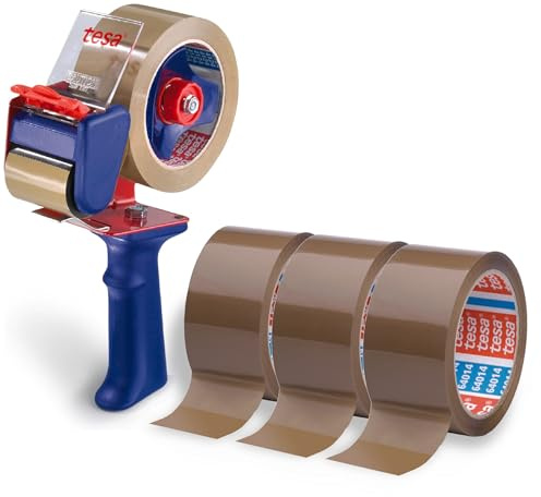 tesa tesapack Strong und Handabroller im Set mit 1 Rolle geräuscharmem Paketklebeband - Braun - 66 m x 50 mm (Handabroller + 3 Ersatzrollen, 66m:50mm)