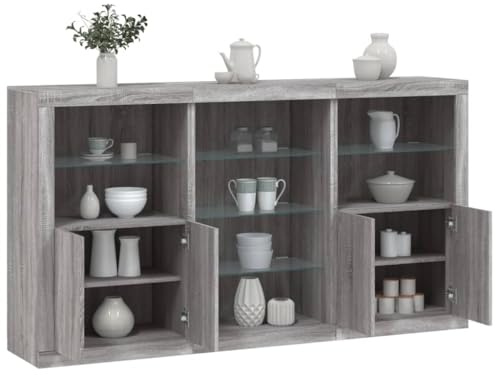 Mandloder Sideboard mit LED-Beleuchtung, Grau Sonoma, 181,5x37x100 cm, Holzwerkstoff Glas, modernes Design, vielseitiger Stauraum