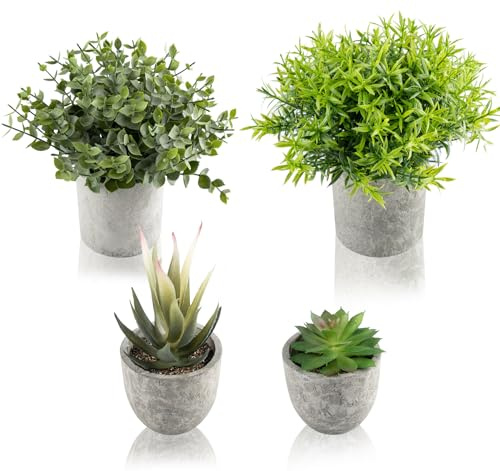 4 Stück Kunstpflanze, Deko Pflanzen mit Topf, Kunstpflanze Klein Eukalyptus Rosmarin, Aloe Vera, Wasserlilie, Künstliche Pflanzen Fake Plant für Wohnzimmer Büro Küche Badezimmer Schreibtisch