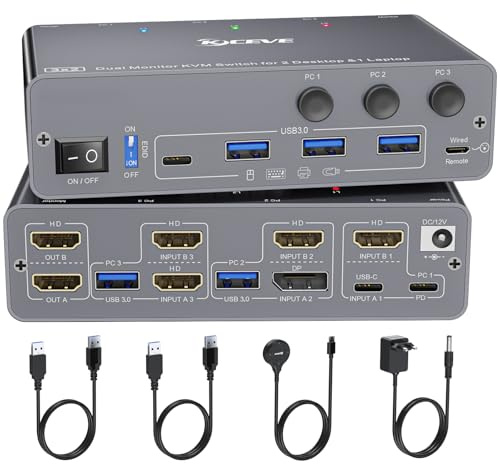 YOUTINGHDAV KVM Switch 3 PC 2 Monitore USB C HDMI DP, EDID | KVM Switch 2 Monitor für 1 Laptop und 2 PC, 73W PD, USB 3.0, 4K@60Hz, Aluminum, Wired Remote(4K USB-C DP HD 3 in 2 out KVM)
