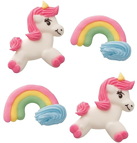 Günthart 72 Stück Zucker-Set | Einhorn und Regenbogen flach | aus Zucker | in den Farben rosa, gelb, grün, blau, weiß