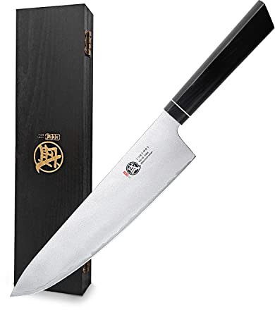 MITSUMOTO SAKARI Damasco Coltello Cucina 21cm, Coltelli da Cucina Professionali Forgiato a Mano, Coltello Giapponese Gyuto (Manico in G10 e Scatola di legno Boutique)