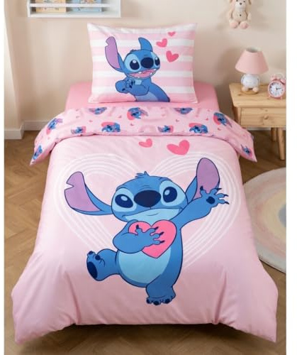Stitch Bettwäsche Mädchen 140x200+65x65 – Herz-Motiv – 100% Baumwolle | Wendebettwäsche | Stitch Herz Rosa | Disney Lilo & Stitch | 100% Baumwolle Öko-Tex | Mädchen | Offiziell lizenziert
