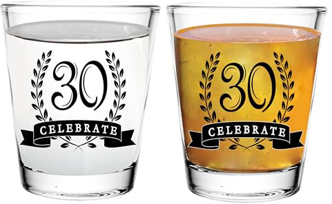 BISYATA 30th Birthday Shot Glasses - 2oz Clear Glass Set of 2 - With Gift Box