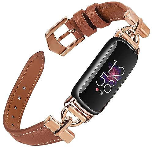 Einzigartige D-förmige Metallschnalle, kompatibel mit Fitbit Luxe, hochwertiges genarbtes Lederarmband für Damen (Roségold/Braun)