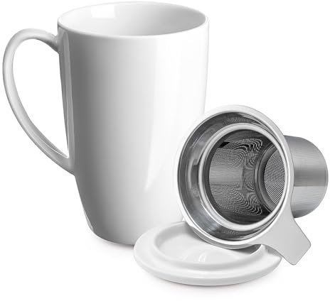 LeKuni Tasse à thé en porcelaine avec infuseur et couvercle, accessoire de thé avec filtre, tasse à thé en vrac avec infuseur, 450 ml pour thé/café/lait/femmes/bureau/maison/cadeau (Blanc)