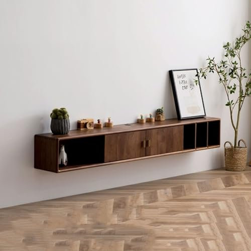 Hängend TV Board Wandmontierter schwebender TV-Schrank aus Walnussholz mit Türen und offenen Ablageflächen, TV-Konsolentisch, hängende Schränke for Unterhaltungsmedien Schwebende TV Konsole ( Size : 2