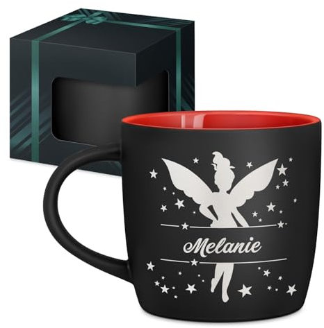 Maverton Keramik Kaffeebecher 400ml mit Gravur - personalisierte Kaffeetasse aus Matt Keramik mit Henkel für Frauen zum Geburtstag zu Weihnachten - Trinkbecher matt schwarz - Innen rot - Fee
