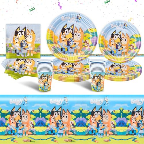Luchild Blue-y Pappteller Kindergeburtstag Deko- Blau Dog Geburtstag Deko Partygeschirr Set Geburtstagsdeko Mädchen Junge Geschirr Party Supplies Kit Teller Tischdecke Servietten Tassen 10 Kinder