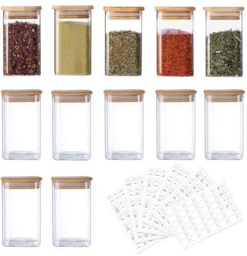 MEETOZ 12 Pack Glass Jars With Bamboo Lids, 8oz/250ml Square Storage Containers - 216 White Labels, Airtight Kitchen Jars for Spices, Salt, Sugar, Seeds, Nuts