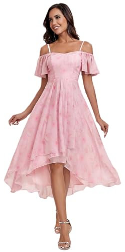 Ever-Pretty Vestido de Noche Gasa Manga Corta Vestido de Invitada de Boda Alta Baja Correas Chic hasta la Rodilla Rosa Violeta Claro 36