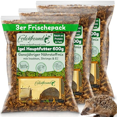 ERDENFREUND® Igelfutter mit Insekten, Shrimps & Ei 3x600g Spezialigelfutter Trockenfutter hoher Protein und Fettanteil artgerechtes Igelfutter kaufen (3x600g Premium Igelfutter in Frischepacks)