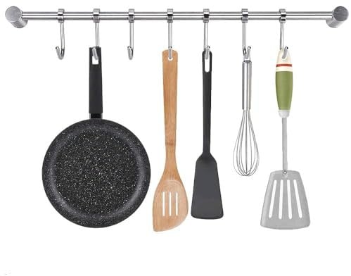 Zythrem Kitchen Utensil Rack Kitchen Rail Hanging Utensil Holder Wall Mounted Pot Pan Racks Stainless Steel Hanging Rail with Hooks Utensils Cookware Hanger Organizer for Saucepans Towels