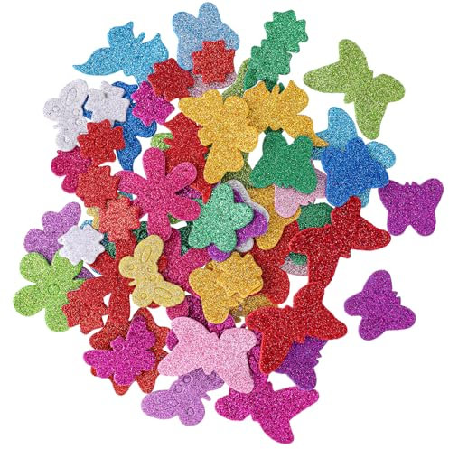 Glitter Schaumstoff Sticker Blumen und Schmetterlings formen Aufkleber Selbstklebendes Glitzernde Moosgummi Stickers Glitzer Foam Aufkleber für Kunsthandwerk Sammelalben DIY Dekoration, 80 Stück Bunte