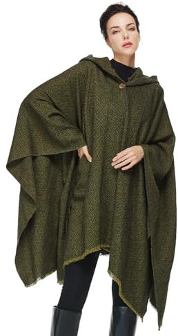 BEAUTELICATE Damen Umhang mit Kapuze Mittelalter Wollmischung Poncho Cape Unisex Strick Cardigan Übergroße Stola Wrap Retro Poncho Schal mit Quasten für Halloween Gothic Wiking Cosplay