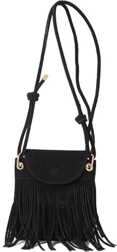KESUDE Kleine Handtasche Damen mit Quasten - Umhängetasche Hippie Kostüm Damen Crossbody Bag klein Boho Kleidung Damen Handbags for Women, Flower Power, Vintage 70er Mode für Frauen, Schwarz