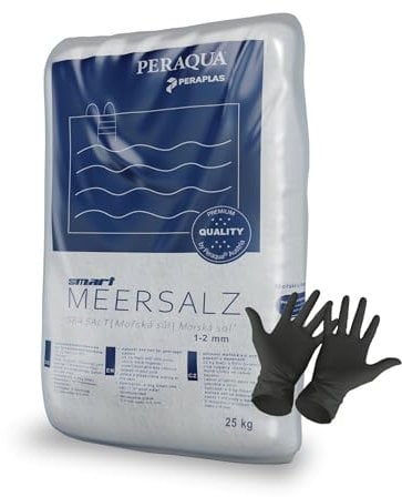 Peraplas Poolsalz 25 kg aus Meersalz, Schwimmbadsalz, Regeneriersalz, Chlorinator geeignet, Salzelektrolyse, Siedesalz inklusiv 1 Paar ARNOMED Einweghandschuh