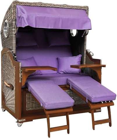 Webavita Strandkorb Bali Teakholz | 2,5-Sitzer | Montiert | Geflecht Grau | Bezug Violett | Halblieger | Beach Chair für den Garten Terrasse Balkon