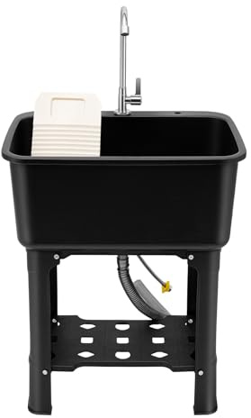 MEHOOSPVN Waschbecken Spülbecken Ausgussbecken Waschtrog Becken 61x40x76.5cm Gewerbe Waschraum Garten Garage Keller Werkstatt Waschküche Waschtisch Außenwaschbecken mit Wasserhahn, Waschbrett, Schwarz