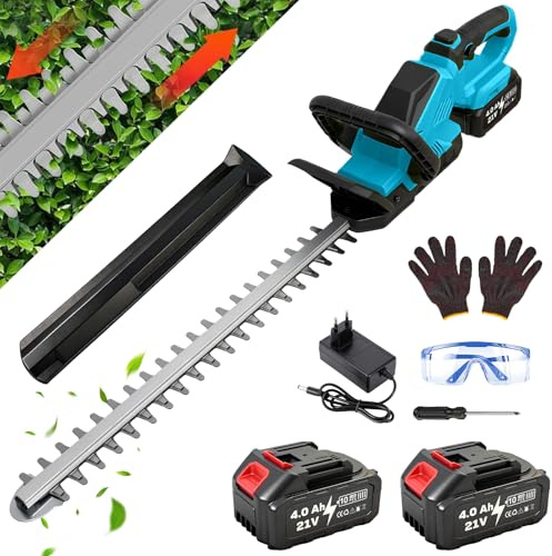 GrowVid 54 cm Akku Heckenschere, mit 2x4000mAh Akkus und Ladegerät, 1000W | 21V Heckenschere Elektrisch, 3000 U/min, 180° Verstellbarer Kopf, leicht, für Hecken, Sträucher & Garten, Blau