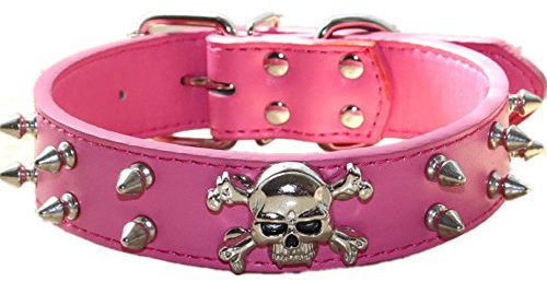 haoyueer Hundehalsband aus Leder mit Stacheln, 2 Reihen, kugelförmige Nieten, PU-Leder – Cooles Totenkopf-Zubehör für mittelgroße und große Hunde … (M, Hot Pink)