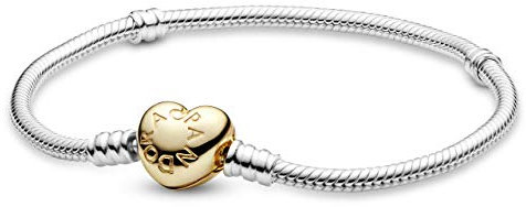 PANDORA Moments Schlangen-Gliederarmband mit Herz-Verschluss aus Sterling-Silber und 14 Karat vergoldeter Metalllegierung, kompatibel mit Charms und Anhängern aus der Moments Kollektion, Größe: 17cm