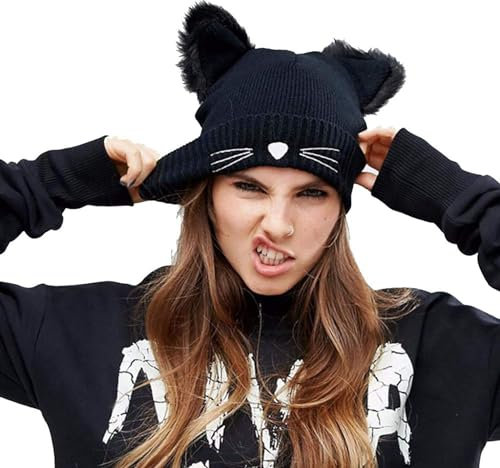 CNNIK Geschenke für Frauen Winter Katzen Mütze Damen Bommelmütze Wintermütze Damen Katzenohren Geschenke für Mama Freundin Mädchen Oma Schwarz Acryl Waschbar