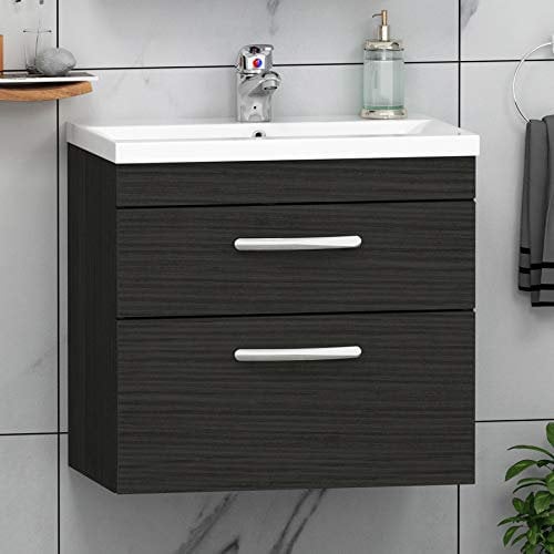 600mm Wall Hung Bathroom Vanity Unit Mid Edge Basin 2 Drawers Storage Cabinet Furniture - Hale Black