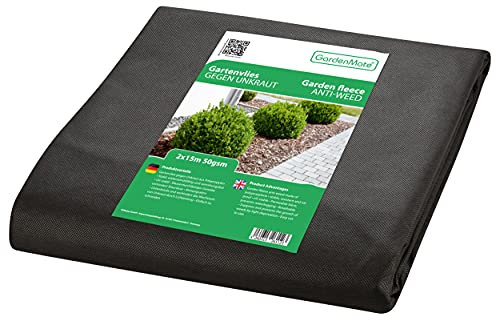 GardenMate 30m² Unkrautvlies Gartenvlies wasserdurchlässig – Unkrautfolie Gartenflies – Unkrautflies 2m x 15m - 50g/m² – Gartenfolie Reißfestes Unkrautschutzvlies - Hohe UV-Stabilisierung