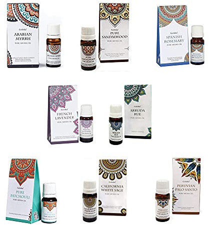 Pack 8 esencias Goloka - Lavanda, Mirra, Sandalo, Romero, Salvia Blanca, Palo Santo, Ruda y Patchouli