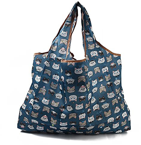 BEEFLYING 3 Stück Faltbare Nylon-Einkaufstaschen Wiederverwendbare Wasserdichte Recycling-Einkaufstaschen Maschine Waschbar Mutter Tasche mit Beutel Tasche Griff (Katzen-Muster)
