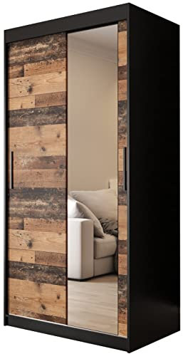 KRYSPOL Schiebetürenschrank Old Style T2 100 cm Kleiderschrank mit Spiegel Einlegeboden Schlafzimmer- Wohnzimmerschrank Schiebetüren Modern Design (Schubladen: 2)