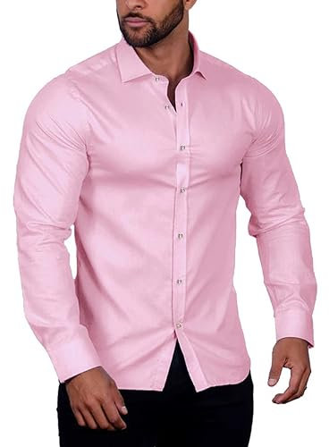 COOFANDY Chemises à Manches Longues pour Hommes Coupe régulière Chemise d'affaires sans Repassage Chemise de Costume Unie Chemise en Coton Chemises décontractées pour Hommes Mariage Rose Clair M