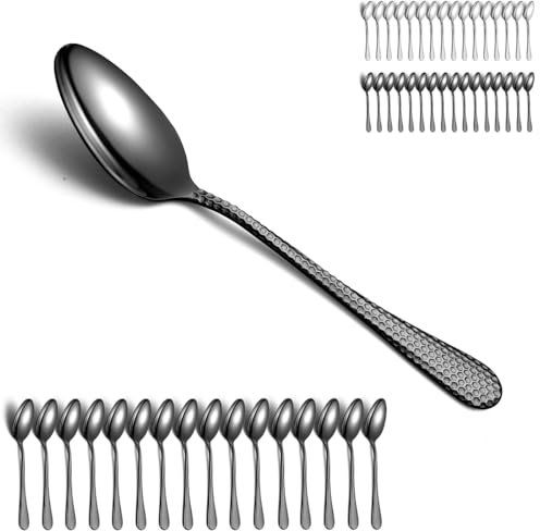 Evanda Black Dinner Spoons 12 Pieces, Black Titanium Plating Stainless Steel 19cm Spoons, Vintage Elegant Special Hammered Handle Soup Spoons, Table Spoon, Easy to Clean, Dishwasher Safe