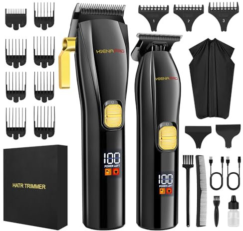 HIENA PRO Professionelle Haarschneider und T-Klinge Trimmer Kit für Männer Akku Komplette Barber Kit Haarschnitt Kit mit LCD Display USB Wiederaufladbar (Schwarz)