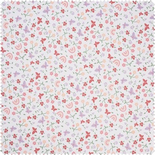 Baumwoll-Stoff Blumen, Regenbogen und Schmetterlinge, 150 cm breit, Meterware