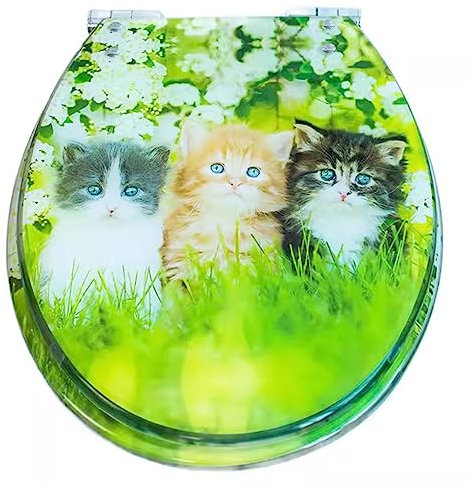 Siège de toilette Abattant de WC coloré, siège de toilette à motif de chat, conception à fermeture lente, charnières métalliques antirouille, facile à nettoyer et à installer