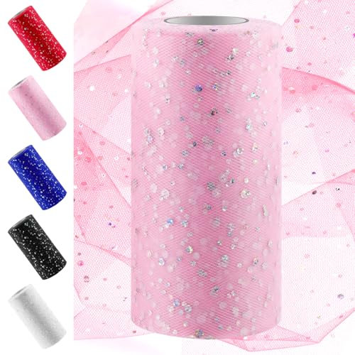 Swpeet Rotolo di tessuto di tulle glitterato rosa, 15,2 cm x 45,4 m, bobina di tulle scintillante, bobina di poliestere per fai da te, feste di compleanno, matrimoni, decorazioni natalizie