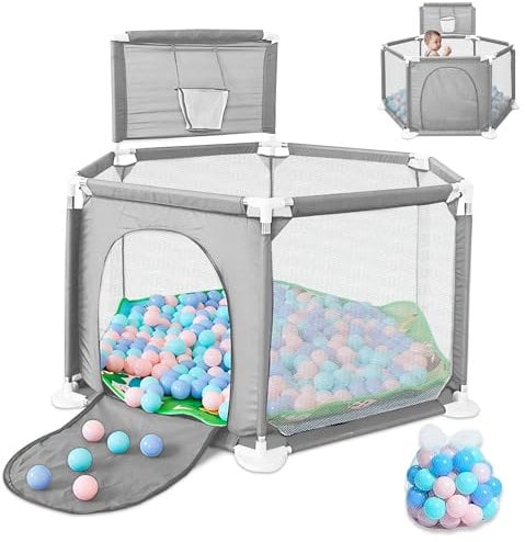 JUPPLIES Parque Infantil Bebe 127x127cm Hexagonal – Corralito Bebe con Malla Transpirable – Parque de Juegos Bebe con Puerta Lateral – Playpen Bebe - Parque con Canasta y Pelotas