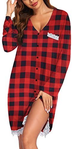 Ekouaer Chemise de Nuit à Manches Longues pour Femme avec Poches Dentelle, Rouge à Carreaux, L