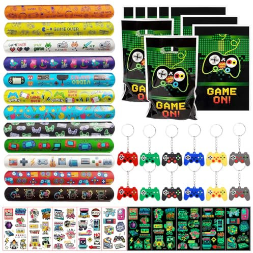 Party Mitgebsel Kindergeburtstag,49 pcs Videospiel Kindergeburtstag Gastgeschenke Jungen ,Kleine Geschenke mit Geschenktüten Schnapparmband Schlüsselanhänger Tattoo Kinder,Give Aways Kindergeburtstag