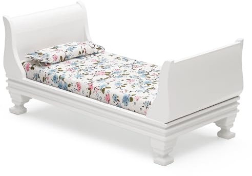 Odoria Puppenhaus Bett Miniatur Einzelbett: 1/12 Maßstab Bettwäsche Puppenbett für 15cm Puppe Schlafzimmer Viktorianisch Vintage - Mini Möbel Holz Weiß
