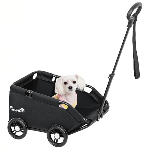 PawHut Faltbarer Hundewagen Faltbarer Haustierwagen Miniatur-Hundewagen mit verstellbarem Schiebebügel Offenes Design Kissen Aufbewahrungstasche und Räder 53x45x28 cm Schwarz