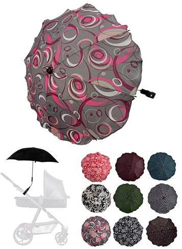 Parasol universal [sombrilla para cochecito] Protección UV 50+ con soporte universal, paraguas flexible para tubos redondos y ovalados ajustables (garrafa gris-rosa)
