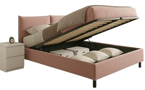 Letto Matrimoniale con Contenitore - Rete Letto 160x195 cm - Made in Italy - Struttura in Fibra di Legno - Testata Imbottita Giroletto Coordinato - in Vari Colori (rete e box - Velluto Rosa antico)